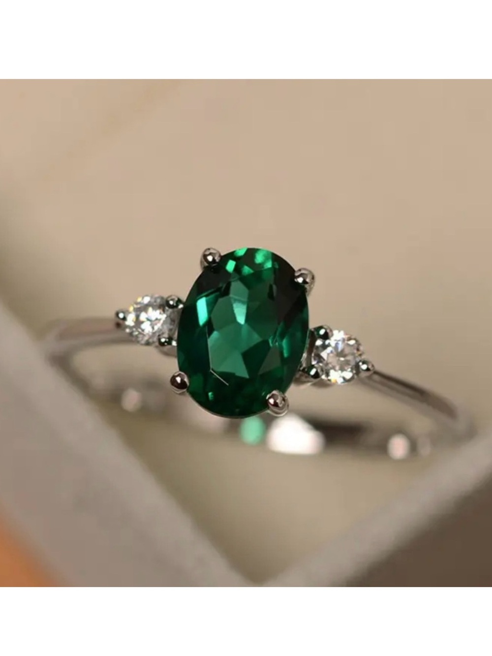 Emerald Green Oval Solitaire Three-Stone Ring - Women Jewelry